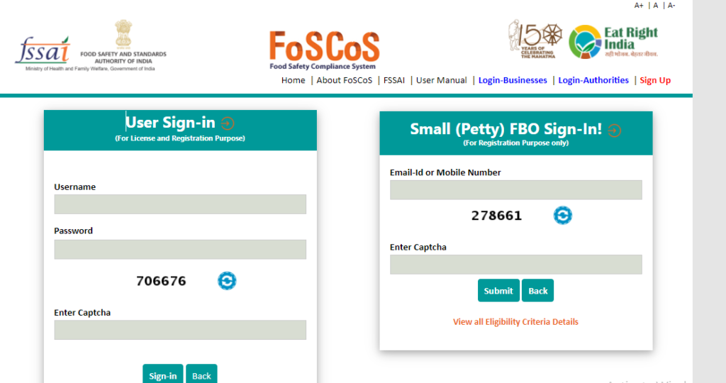 FSSAI Online Registration Login 