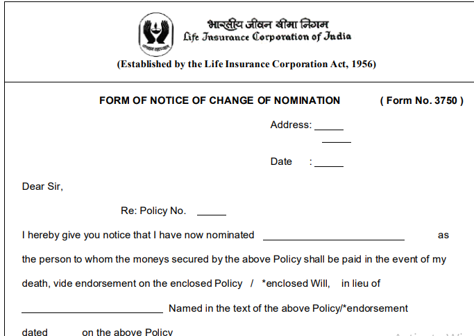 LIC Nominee Change Form 3750 Pdf Download